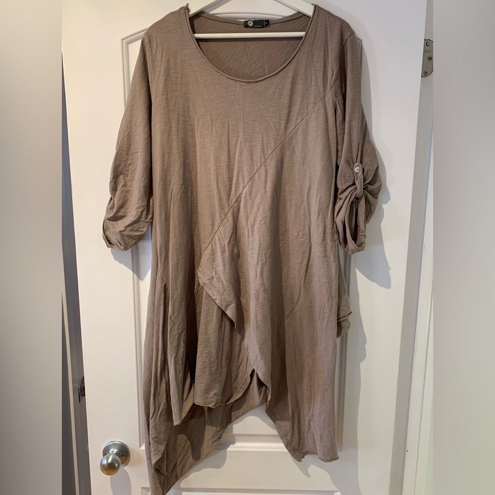 M Made in Italy Tunic Dress Asymetrical Beige Size Small Lagenlook Cotton.